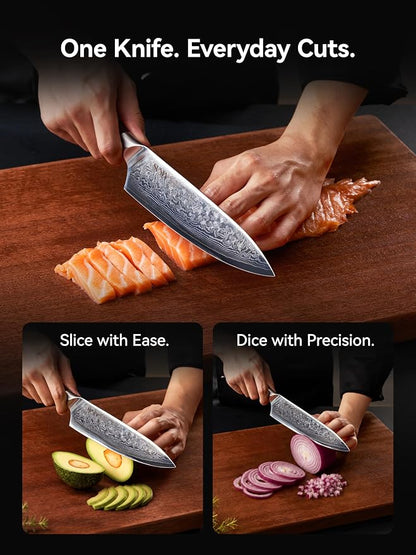 SUNLY Chef Knife, 8 Inch Damascus Kitchen Knife with Japanese VG10 Core, 67 Layer Steel, Sharp Chip Resistant Edge, Balanced Pakkawood Handle for Meat, Fruits, Vegetables, Gift for Father