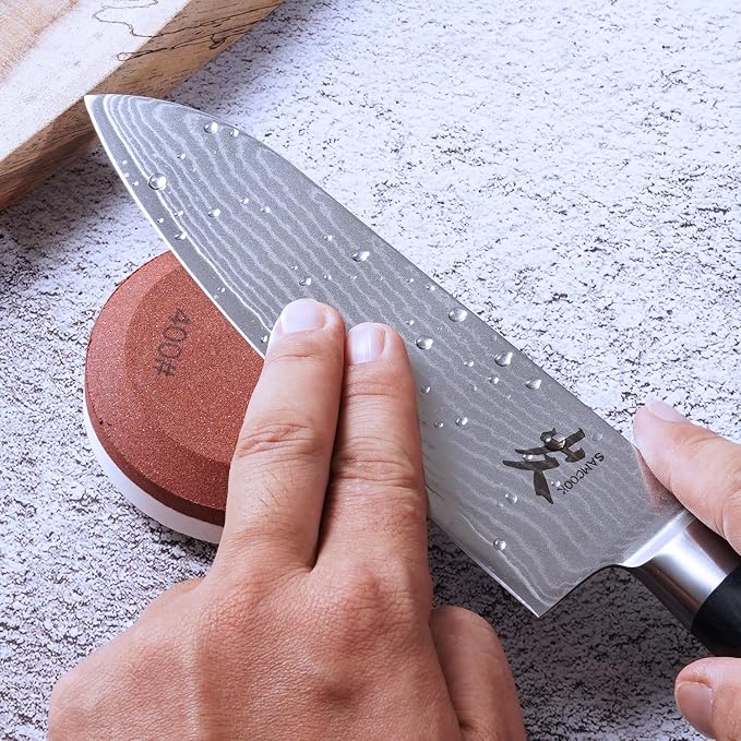 SAMCOOK Damascus Knife Set 4PCS,Ultra Sharp Professional Chef Knives Santoku Knife Paring Knife VG10 High Carbon Stainless Steel with Black Pakkawood Handle,Sharpening Stone,Premium Gift Box