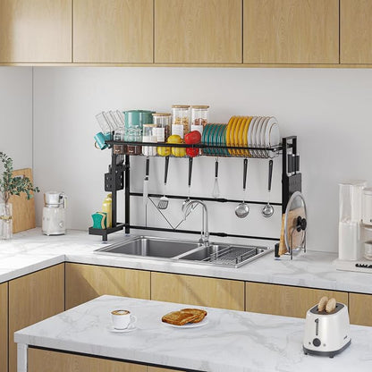Over the Sink Dish Drying Drainer Rack - Height & Width Adjustable Large Capacity Stainless Steel Kitchen Storage Organization Plate Strainers Above Kitchen Counter (W24.4-38.2" ~ H17.7-22.1" Black)