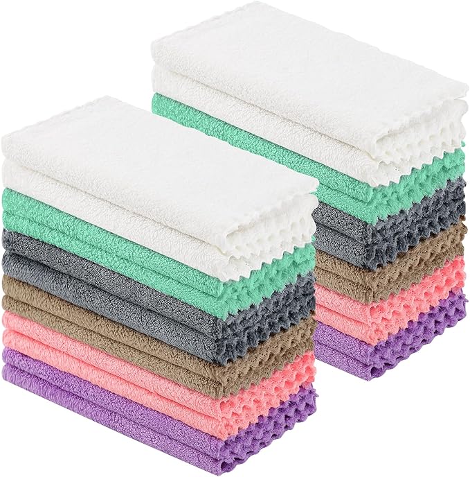 Kitinjoy 24 Pack Kitchen Dish Cloths, Super Soft and Absorbent Coral Velvet Dish Towels (10 x 10 Inches, White/Tan/Grey/Navy Blue/Brown/Grass Green)