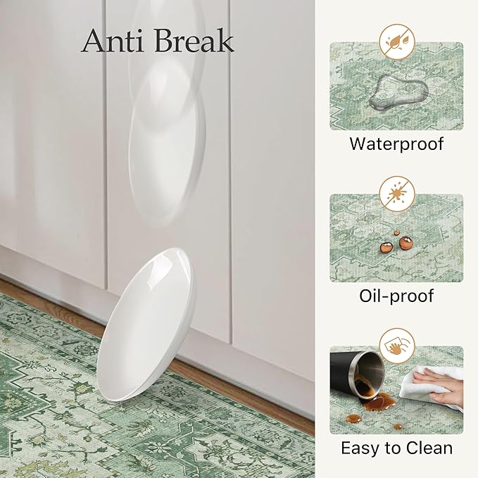 GENIMO Kitchen Mats for Floor 2PCs, Washable Anti Fatigue Mat for Cushioned, 17.3"x47"+17.3"x30", Waterproof Kitchen Rugs, Non Slip Comfort Standing Mat Rug for Home, Sink, Laundry, Light Green