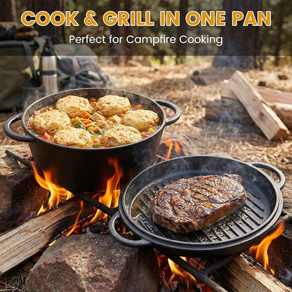 Cast Iron Dutch Oven With Skillet Lid - JINCHUFURI, 2-in-1 Pre-Seasoned Heavy Duty Cookware Set for Bread Baking, Frying, Camping, BBQ, Oven, Grill & Stovetop, 3.5QT