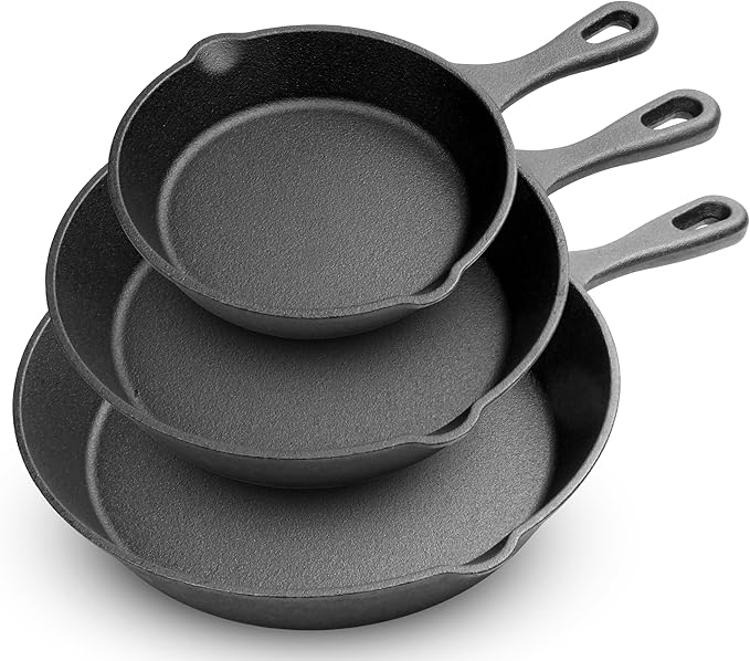 NutriChef Pre-Seasoned Cast Iron Skillets - 3 Pieces Cast Iron Cookware Set w/Drip Spout and Scraper - Compatible with Induction, Electric Stovetop, Gas, & Ceramic - NCCI76