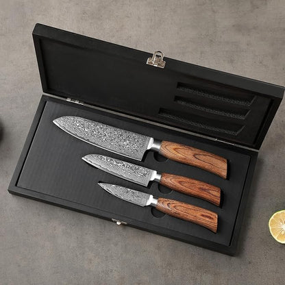 Wakoli 3-Piece Damascus Knife Set – Edib Pro Series with Wooden Gift Box – Kitchen Knife with VG10 Steel Core, 2 Santoku Knives & Paring Knife