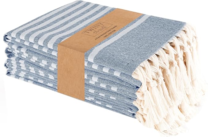 TWINY threads Set of 4 100% Cotton Turkish Kitchen Towels with Hanging Loop & Tassels (18" X 28") | Ultra Washcloth with Fringes | Reusable Hand Towels - Navy Blue
