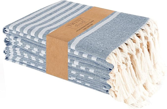 TWINY threads Set of 4 100% Cotton Turkish Kitchen Towels with Hanging Loop & Tassels (18" X 28") | Ultra Washcloth with Fringes | Reusable Hand Towels - Navy Blue