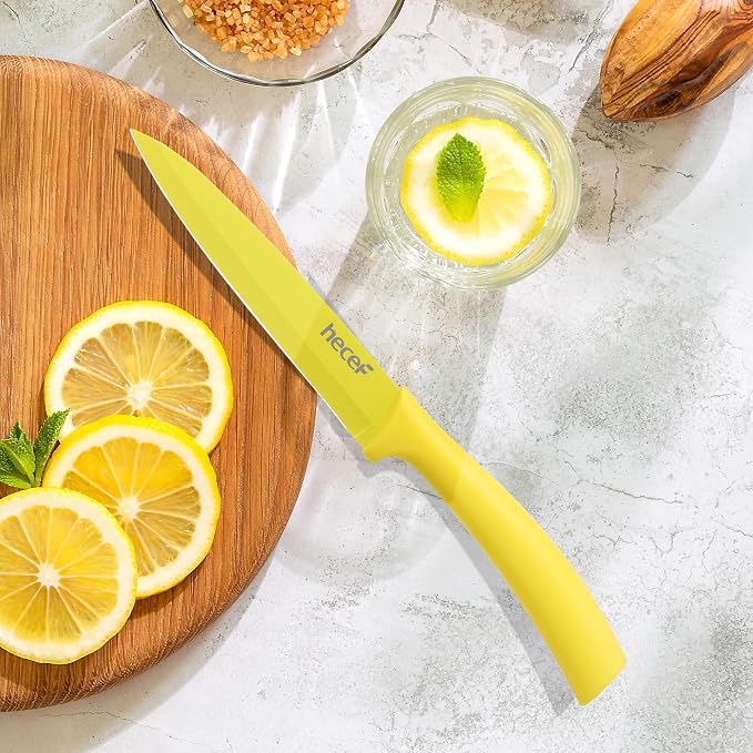hecef Colorful Knife Set, 3 Pieces with Covers, Dishwasher Safe, Stainless Steel Colour Coded Non-Stick Cooking Knives Including Paring, Utility, Bread, Carving