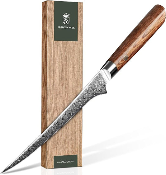 Dragon Creek Damascus Fillet Knife - Japanese Fillet Knife for Fish Vegetable Cutting Birthday Christmas Thanksgiving Gift for Mom or Dad