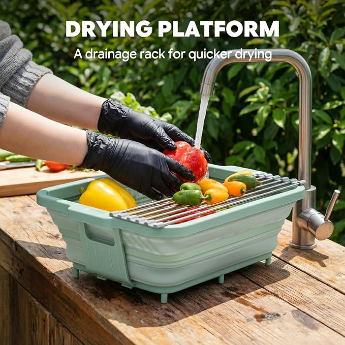 Feasto Collapsible BBQ Prep Tubs with Cutting Board, 9-IN-1, 2 Tubs Portable Grill Prep Station with Side Brackets, Lids, Knives, Meat Claws and Drain Rack, Space-Saving for Kitchen & Camping, Green