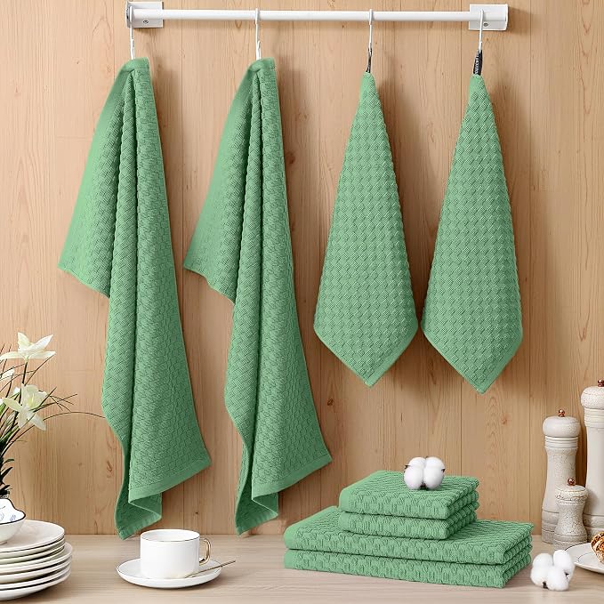 Homaxy 100% Cotton Kitchen Towels and Dishcloths Set, 12 x 12 & 15 x 25 Inches, Set of 12 Bulk Terry Cloth Dish Towels, Super Soft and Absorbent Hand Towel with Hanging Loop, Grass Green
