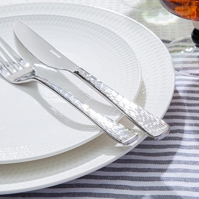 KINGSTONE Hammered Silverware Set, 20-Piece Flatware Set, 18/10 Stainless Steel Premium Cutlery with Unique Ripple Handles Design Mirror Polished - Dishwasher Safe