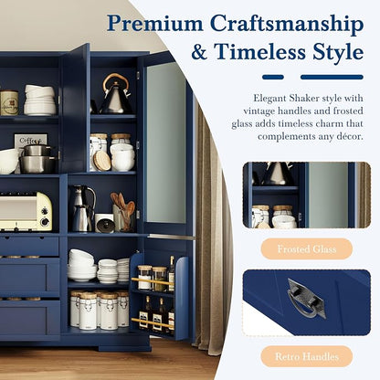 VilroCaz 78'' Tall Freestanding Kitchen Pantry with Hutch, Wooden Large Kitchen Storage Cabinet Cupboard with Drawers, Door Shelf and Adjustable Shelves for Dining Room Entryway (Blue-11.10)