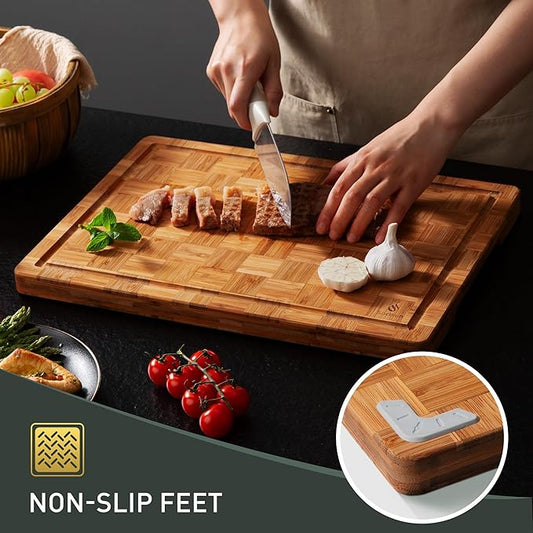 2 Pack Heavy Duty Bamboo Cutting Board Set Non Slip Over Sink Solid End Grain Thick Wood Chopping Board Extra Large Big Small Best Wooden Kitchen Essential New Home Housewarming Mother Gift
