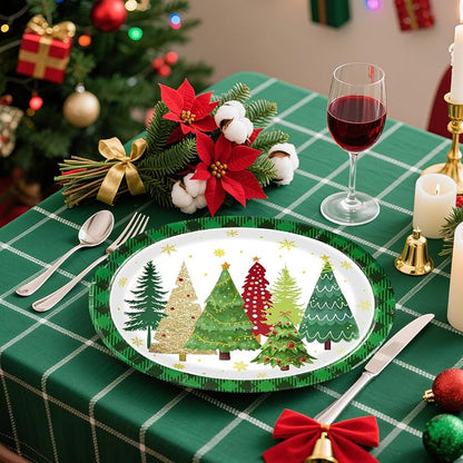 50Pcs Christmas Tree Oval Plates 10" x12" Large Christmas Tree Heavy Duty Paper Plates Santa Trees Disposable Platters Tableware for Winter Holiday Xmas Party Decorations