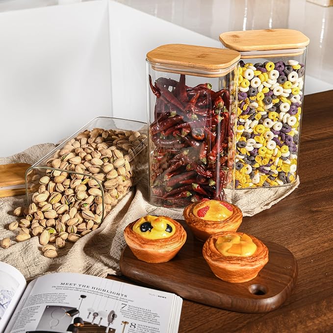 D2scrma 56oz Rectangle Airtight Glass Storage Containers with Bamboo Lids (Set of 4), Square Food Storage Jar, Pantry Organizers for Oats, Cereal, Pasta and Coffee beans (‎with Black Lable)