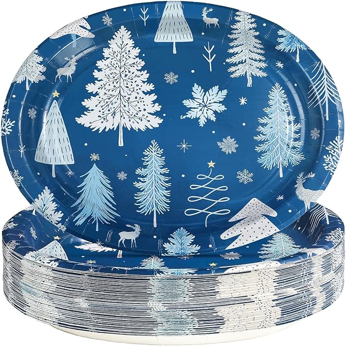 50Pcs Winter Tree Oval Paper Plates 10" x 12" Winter Wonderland Blue Large Heavy Duty Plates Christmas Tree Snowflake Disposable Platters Tableware for Xmas Holiday Party Decorations