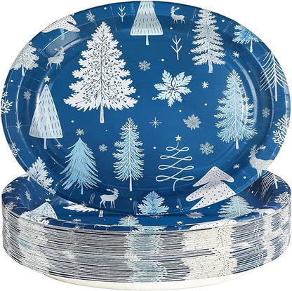50Pcs Winter Tree Oval Paper Plates 10" x 12" Winter Wonderland Blue Large Heavy Duty Plates Christmas Tree Snowflake Disposable Platters Tableware for Xmas Holiday Party Decorations
