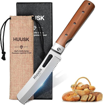 HUUSK Folding Bread Knife for Homemade Bread, Portable Bread Knives with Wide Wavy Edge for Steak, Tomato, Japanese Pocket Knife with 440C Stainless Steel for Cooking, Christmas Gift for Men and Women
