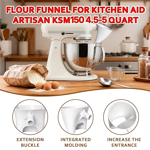 2 Pcs Funnel for Kitchen Aid Mixer, Kitchen Aid Accessories and Attachments for Kitchen Aid Artisan KSM150 4.5-5 Quart Tilt-Head Mixer, Dishwasher Safe Flour Funnel for Kitchen Aid Mixer (milky white)