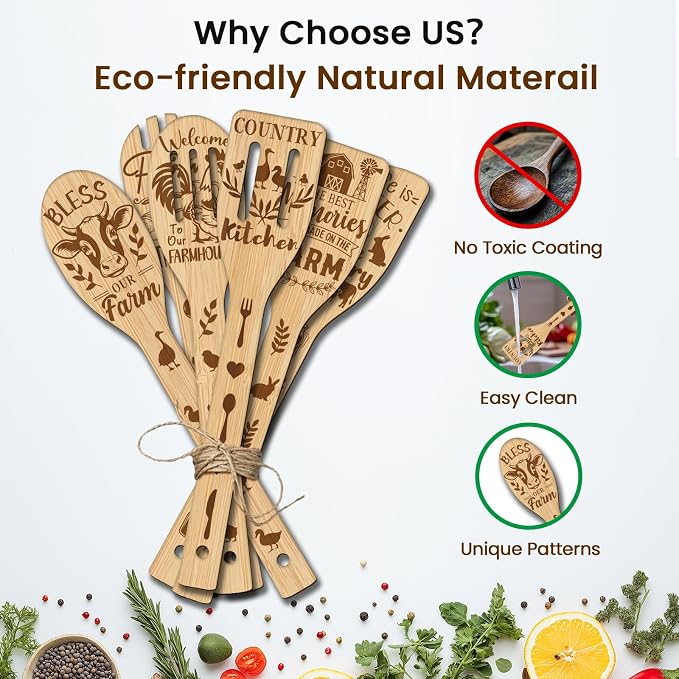 CUTHOLLOW 6PCS Farm Animal Wooden Kitchen Cooking Utensil Set, 11.9in Non Toxic Bamboo Wood Spoon Set for Cooking, Best Housewarming Birthday Thanksgiving Christmas Gift for Women Mother