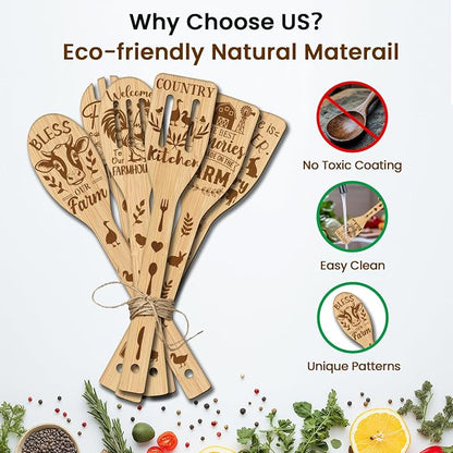 CUTHOLLOW 6PCS Farm Animal Wooden Kitchen Cooking Utensil Set, 11.9in Non Toxic Bamboo Wood Spoon Set for Cooking, Best Housewarming Birthday Thanksgiving Christmas Gift for Women Mother