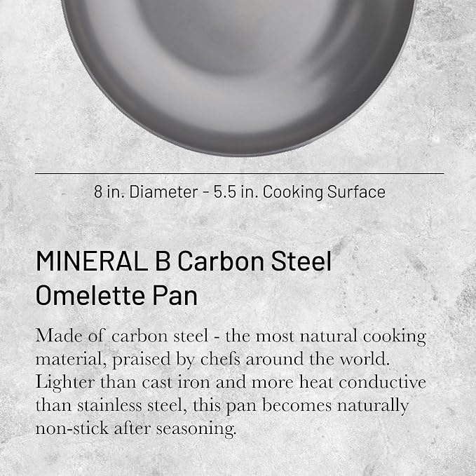de Buyer MINERAL B Carbon Steel Omelette Pan - 8” Diameter, 5.5” Cooking Surface - Naturally Non-Stick Finish - Made in France