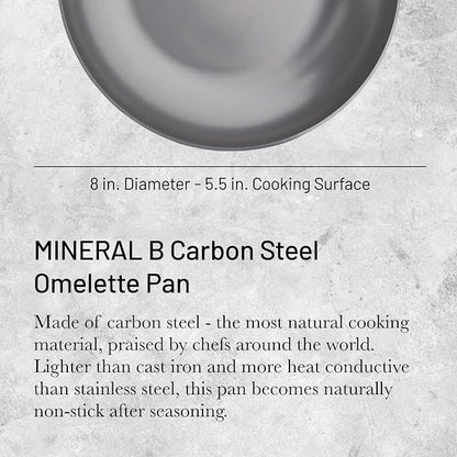 de Buyer MINERAL B Carbon Steel Omelette Pan - 8” Diameter, 5.5” Cooking Surface - Naturally Non-Stick Finish - Made in France