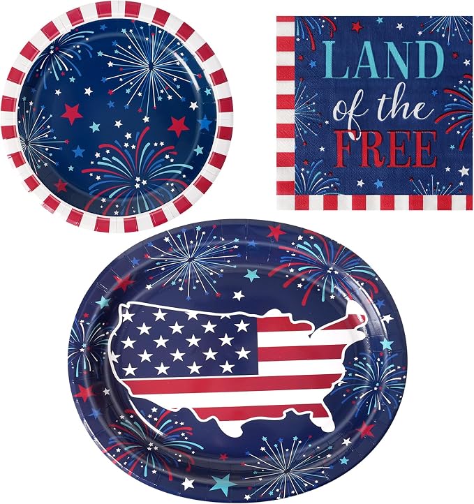 Dereinwo 100 PCS Patriotic Paper Plates and Napkins | Bundle Includes Paper Oval Dinner Plates Dessert Plate and Napkins for 4th of July Independence Day Party Supplies