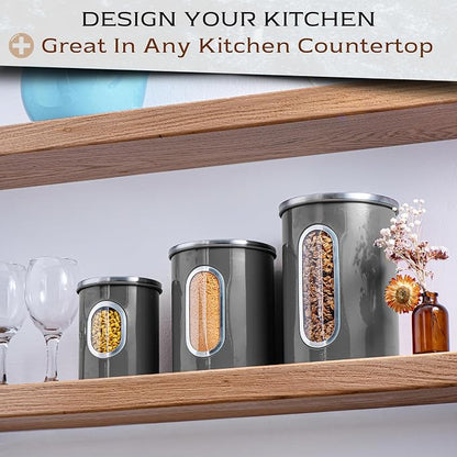 Moss & Stone 3-Piece Gray Canisters Sets For The Kitchen, Airtight Canister Set With See Through Window, Storage Jars for Coffee Container, Tea Organizer & Sugar Canister, Gray Kitchen Canisters