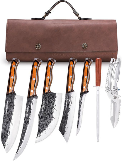 Naitesen 7PCS Hand Forged Butcher Knife and Kitchen Knife 2 in 1 Set with Roll Bag, Heavy Duty Meat Cleaver Serbian Chef Knife Breaking Knife Boning Knife for Meat Cutting BBQ Gifts for Men Women
