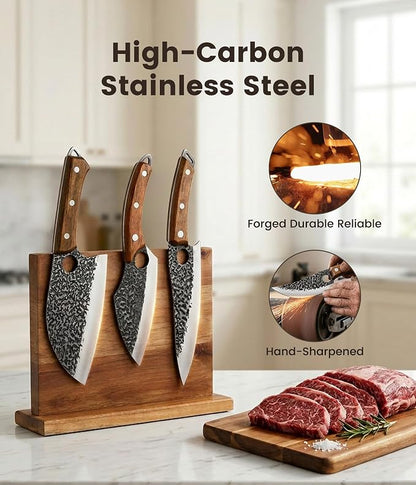 Newise 3-Piece Kitchen Knife Set, Chef Knife & Heavy Duty Meat Cleaver & Universal Chopping Knife, Japanese Steel with Beech Wood Handle, Essential Cutting Knives Set for Home Cooking