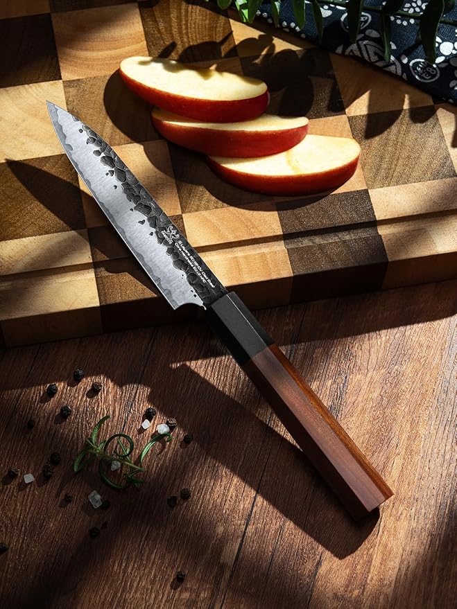 FAMCÜTE 5 inch Japanese Paring Knife, Hand Forged 5 Layers 9CR18MOV High Carbon Steel Professional Kitchen Small Knife With Rosewood Handle As a Warm and Beautiful Gifts for Mom/Dad