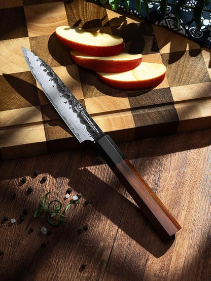 FAMCÜTE 5 inch Japanese Paring Knife, Hand Forged 5 Layers 9CR18MOV High Carbon Steel Professional Kitchen Small Knife With Rosewood Handle As a Warm and Beautiful Gifts for Mom/Dad