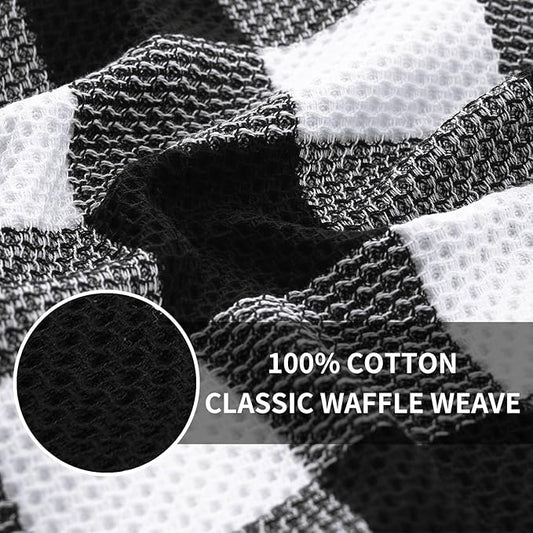Homaxy Kitchen Towels and Dishcloths Set, 12 x 12 and 13 x 28 Inches, Set of 8 100% Cotton Waffle Weave Check Plaid Kitchen Dish Towels, Super Soft and Absorbent Dish Cloths, White & Black