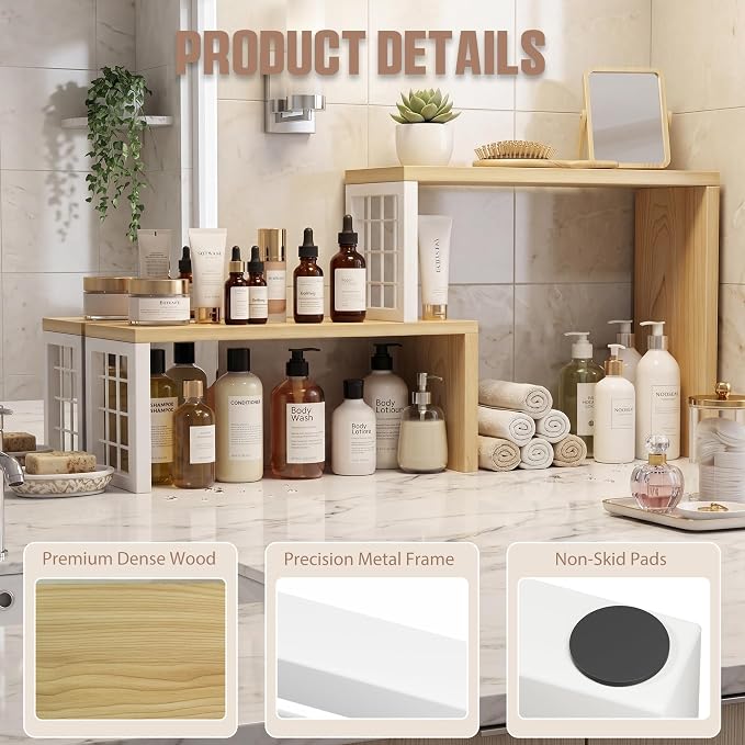Kitchen Countertop Organizer, 2 Tier Spice Rack, Adjustable Cabinet Organizer Shelf, Corner Counter Shelf for Kitchen, Pantry, Coffee Station, Stackable, Expandable, Beige