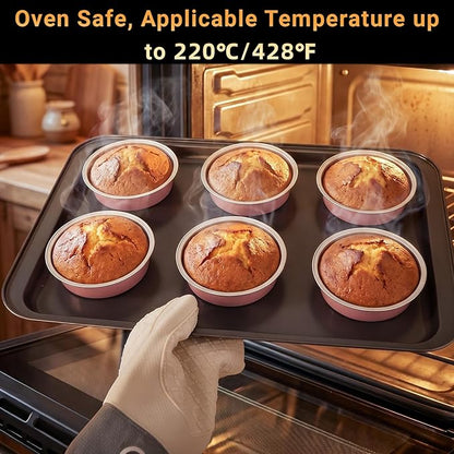 Beasea Aluminum Cupcake Pans With Lids, 100 Pack 7.3oz Disposable Pie Pans For Cake, 4 Inch Aluminum Pie Tart Baking Cups Tins Round Oven Mini Cake Pan For Tart Quiche Dessert - Pastel Pink