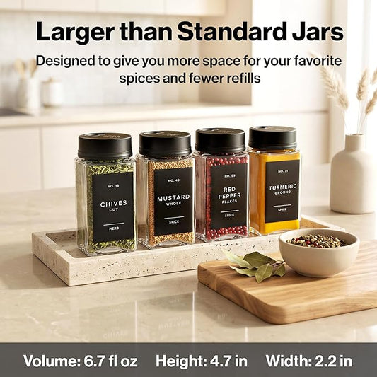 EDELHAUS Glass Spice Jars with Labels & Black Rotating Lids – 12 Large Square Airtight Containers 6.7 oz / 200ml with Shaker Inserts, Funnel & 160 Waterproof Labels for Kitchen Pantry Organization