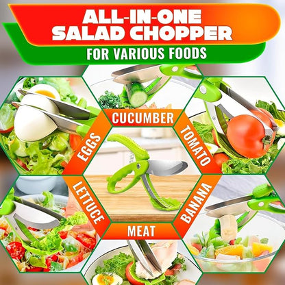 Salad Scissors for Chopped Salad – Multiblade Cooking Scissors for Kitchen With Spring-loaded System & Anti-slash Head for Fast Double Cutting – 8.9" Handy Size Lettuce Chopper, Stainless Steel Blades