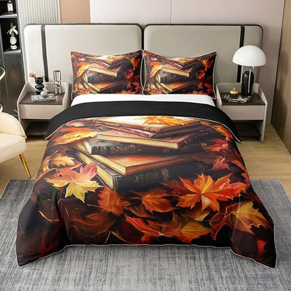 Castle Fairy Full Size Duvet Cover Retro Book 100% Pure Cotton Comforter Cover Autumn Maple Leaves Bedding Set with 2 Pillowcases (Not Comforter) Rustic Farmhouse Quilt Cover