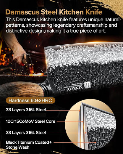 XINZUO 7.3 Inch Vegetable Cleaver Knife,10Cr15Comov Steel Core Forged Damascus Steel,Sharp Slicing Knife For Home Kitchen And Restaurant,Ergonomic White Oak + Red G10 Gasket Handle