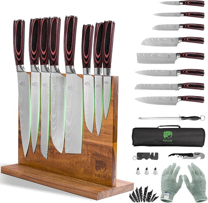 FULLHI 15pcs Japanese Knife Set with Magnetic Knife Block Holder, Japan Stainless Steel Blades, Ergonomic Handles for Professional and Home Cooking（Coffee wood, Magnetic Block Knife Set)
