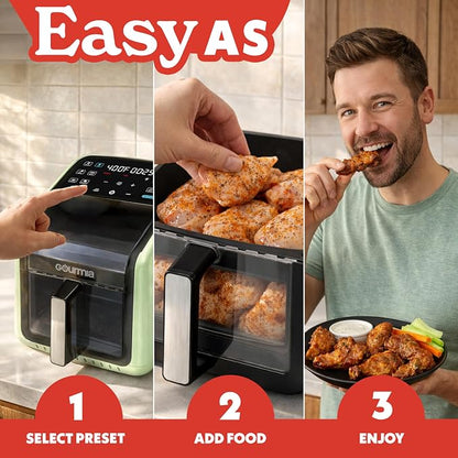 Gourmia Air Fryer 7 QT - Easy View Panorama Window & Interior Light, Guided Cooking with 12 One-Touch Presets, FryForce 360, Dishwasher Safe Accessories, Green