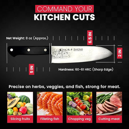 SATAKE CUTLERY Santoku Knife 170mm – VG10 Core 37-Layer Damascus, No-Bolster Japanese Kitchen Knife | Pakkawood Handle, Full Tang | 15-Degree Edge, Made in Japan