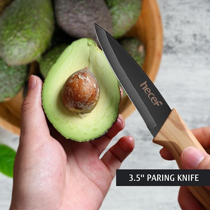 hecef Vintage Kitchen Knife Set of 3, Stainless Steel Blade with Black Non-stick Coating, Sharp Kitchen Knives Includes Santoku, Utility, Paring