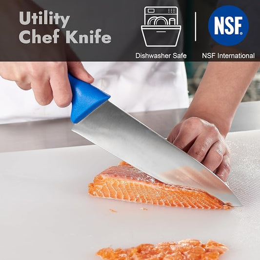 CURTA 10-inch Commercial-Grade Chef's Knife, NSF Listed, Ergonomic, Non-slip Blue Handle, High Carbon 420 Stainless Steel Forged Blade Straight Edge, Dishwasher Safe, Rust Proof