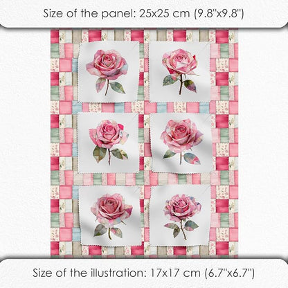 Cotton Fabric Panel – Single Continuous Patchwork Rose Panel, Featuring 6 Printed Design Squares (10" x 10") with Bonus Patchwork Area 29.5" x 19.7", Fabric for Quilting & Sewing
