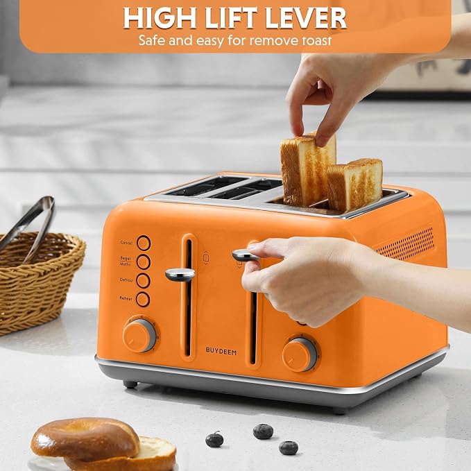 BUYDEEM DT640 4-Slice Toaster, 7 Shade Settings, Extra Wide 1.5’’ Slots for Bagel & English Muffin, 6 Toasting Functions, Retro Stainless Steel Toaster with High Lift Lever, 1800W, Orange