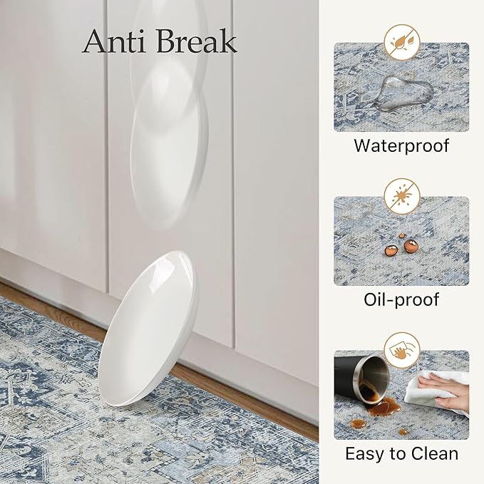 GENIMO Kitchen Mats for Floor 2PCs, Washable Anti Fatigue Mat for Cushioned, 17.3"x59"+17.3"x30", Waterproof Kitchen Rugs, Non Slip Foam Standing Mat Rug for Home, Sink, Office, Laundry, Light Blue