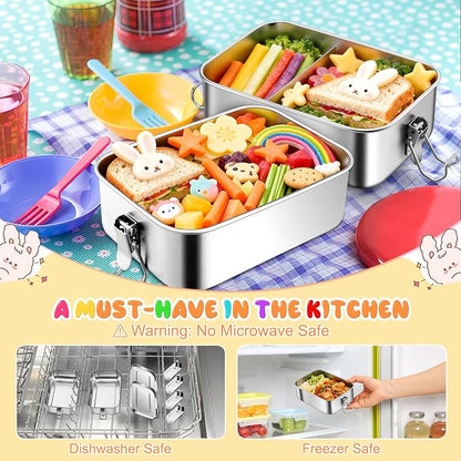 TeamFar Stainless Steel Bento Box, 2 Pack 28oz/850ml Metal Lunch Box with 3 Compartments for Adults Kids, Small Lunch Food Containers for School/Work/Meal Prep, Leak-Proof & Dishwasher Safe