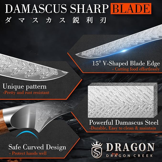 Dragon Creek Damascus Deboning Boning Knife for Meat Cutting Slicing Trimming Fish Fillet Knife Birthday Gift for Mom or Dad 5.5" Stainless Steel